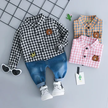 

HYLKIDHUOSE Autumn Baby Infant Clothing Sets Girl Boy Clothes Suits Grid Bear Shirt Jeans Casual Kid Child Clothes Suits
