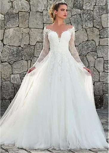 

Long Sleeves Illusion Scoop Neckline Wedding Dress Vintage Tulle Lace Appliques Bridal Gown Vestido de Noiva Bride Dress