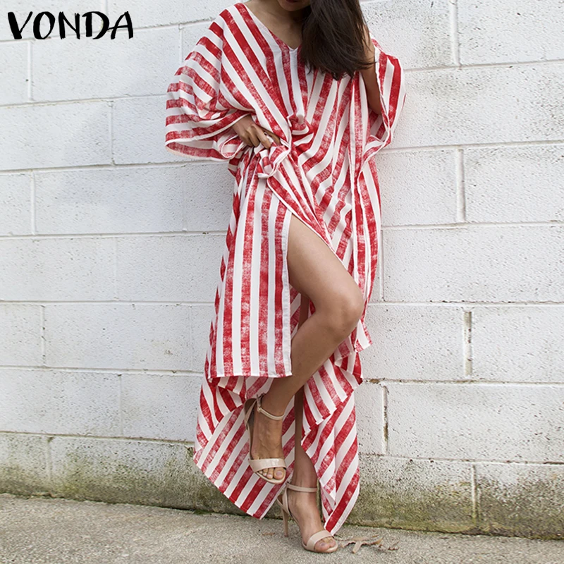 

2019 Summer Dress VONDA Womens Vintage Batwing Sleeve Striped Bohemian Maxi Long Dresses Casual Loose Sundress Split Vestidos