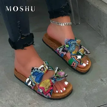 

2020 Summer Woman Slippers Leopard Flip Flops Female Slip on Flat Slides Sandals Bowknot Open Toe Slipper Ladies Buty Damskie