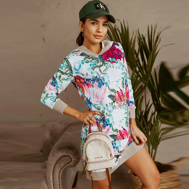 

Women's Dress Hooded Pocket 2022 New Design Long Sleeve Printed Office Casual Fashion Mini Party Dress Spring and Autumn Casual