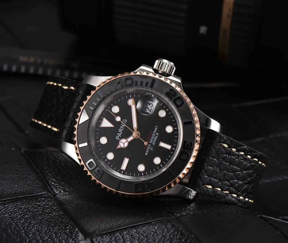 Parnis 40 мм Циферблат Мужские часы Diver Miyota 8215 сапфировое стекло светящиеся автоматические механические мужские часы лучший бренд класса люкс - Цвет: rose gold black