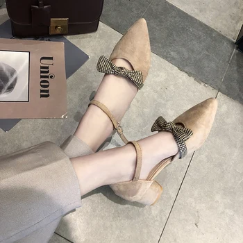 

2020 Summer Women Sandals Ankle Strap Dress Shose Plaid Butterfly Knot High Heels Pointed Toe Pumps Sandalias Mujer Black 8016G