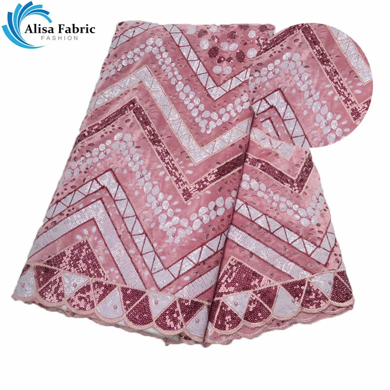 

Alisa New Arrived African Velvet Lace Fabrics 2019 Latest Sequins Lace Fabric 5 Yards/Piece With Beads For Fashion Big Occasions