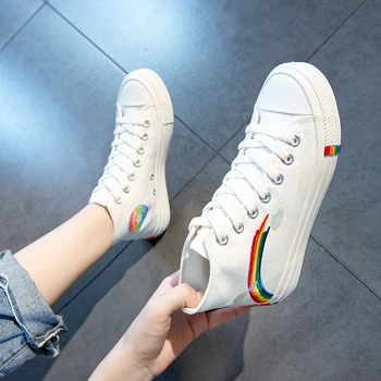 

Women Vulcanized Shoes Fashion 2020 Women Sneakers Rainbow Retro Canvas Shoes Flat Fashion Comfortable High Top Shoes Women