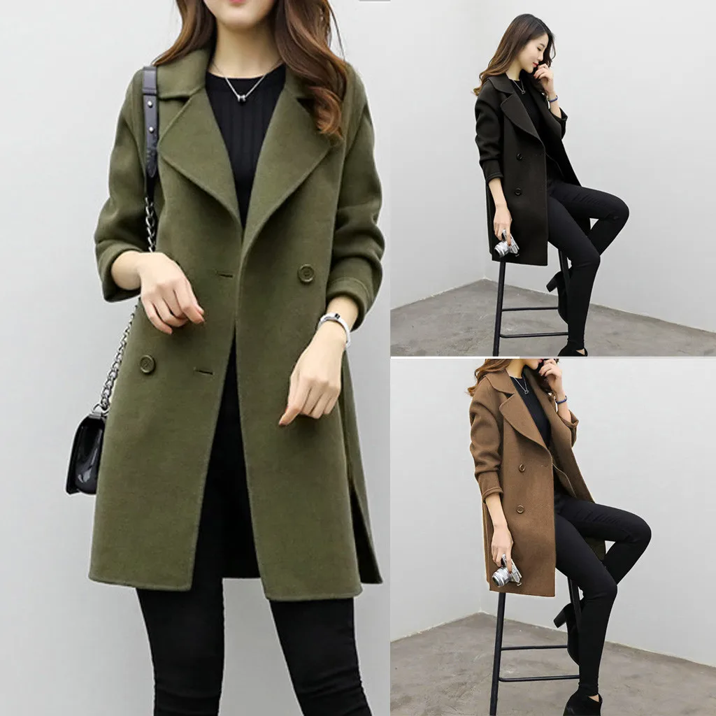 JAYCOSIN, женские куртки и пальто,, Женская Офисная однотонная винтажная зимняя офисная шерстяная куртка с длинным рукавом и пуговицами, Женское пальто