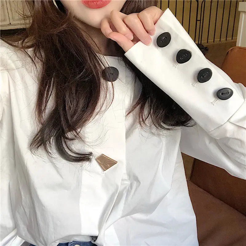 Neploe Single Breasted Women Blouses Sweet O Neck Long Sleeve Ladies Shirts Solid Drawstring Female Tops Spring 2020 49697