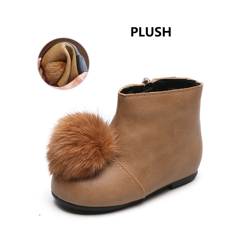plush brown Ботинки для девочек; коллекция года; Сезон Зима; модные детские теплые ботинки с широким плюшем из искусственной кожи на молнии; Плюшевые ботинки принцессы; детская обувь; ботинки для девочек - Цвет: plush brown
