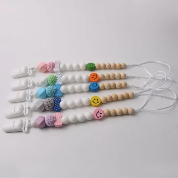 

Baby Silicone teething pacifier clips Safe Wooden beads Silicone pacifier chain Holder Baby Birthday Shower Gift Boy Chew Toys