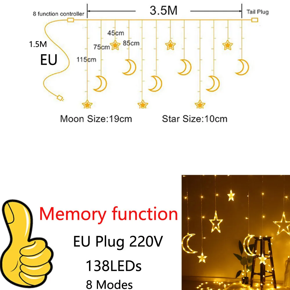 Светодиодный светильник с Лунной звездой, Рождественский светильник, s украшение, праздничный светильник, s занавес, лампа, Свадебный неоновый фонарь, 220 В, сказочный светильник - Испускаемый цвет: EU Plug