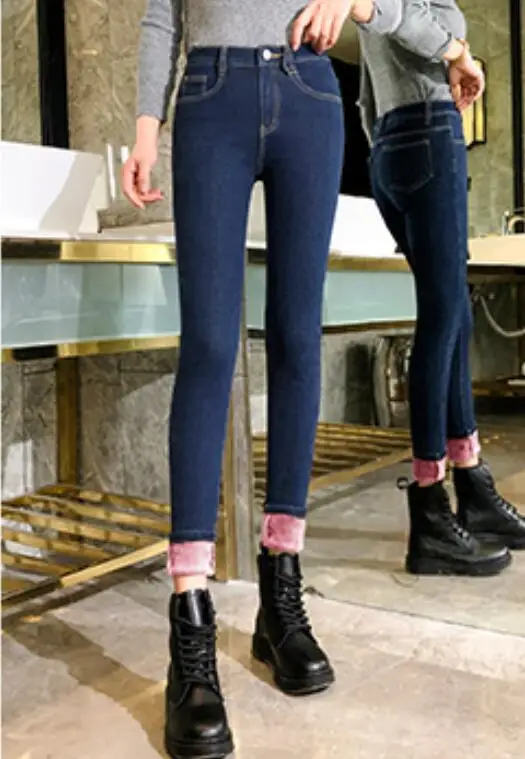 Blue pink Ff9907 новые осенние зимние женские модные повседневные джинсовые штаны Плюс кашемировые утепленные женские джинсы с высокой талией - Цвет: Blue pink