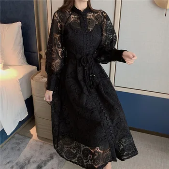

Self Portrait Lace Single-Breasted Dress Runway Autumn Women Black Hollow Out A-Line Lantern Sleeve Sexy Crochet Dress with Belt