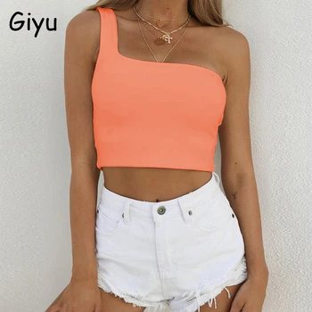 

Giyu Sexy Neon Crop Tops Women Fluorescent One Shoulder Sleeveless Short Tops Camisoles Solid Slim Blusas Femininas Streetwear