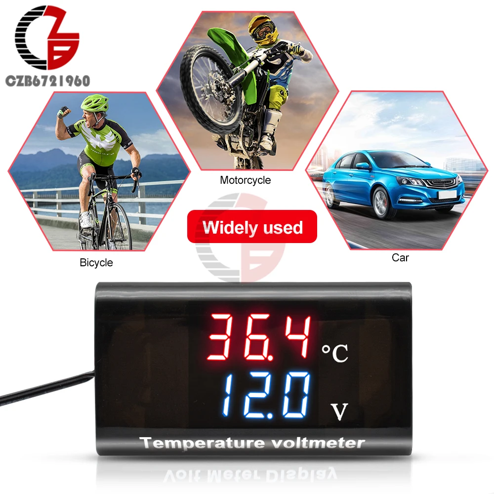 DC 12V Digital Temperature Voltmeter Meter IPX6 Waterproof for Boat Motorcycle 0.28 inch LED Display Volt Voltage Meter Battery