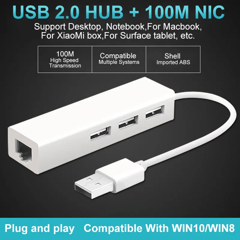 Asunflower 100 м USB Проводная сетевая карта с 3 Порты и разъёмы USB 2,0 usb-хаб для ноутбука 10/100M Ethernet Lan проводной сетевой карты