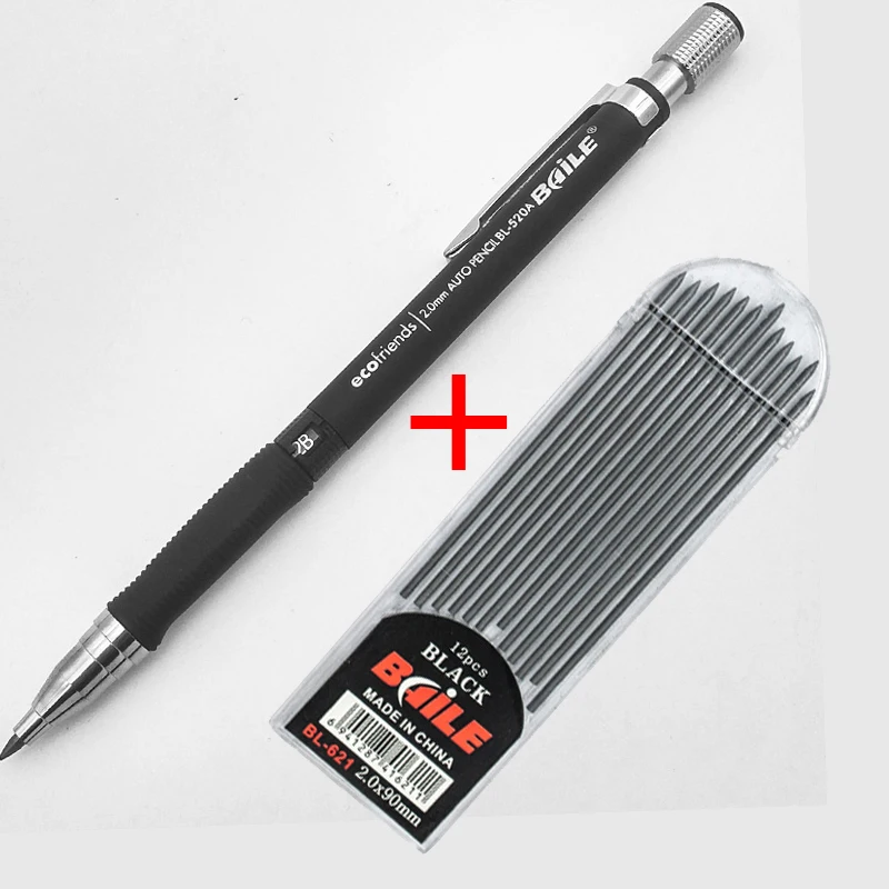 1 шт. механический карандаш, 2,0 мм свинцовый стержень, черный/синий/серебристый бочонок автоматический карандаш для экзамена Рисование школьные офисные принадлежности - Цвет: Black pen BB