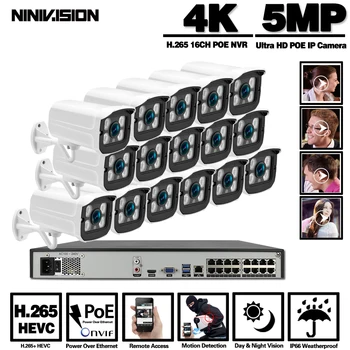

NINIVISION Professional H.265 5MP POE Security Camera System 4K 8CH 16CH Security NVR With 16pcs 5MP CCTV Bullet Cameras