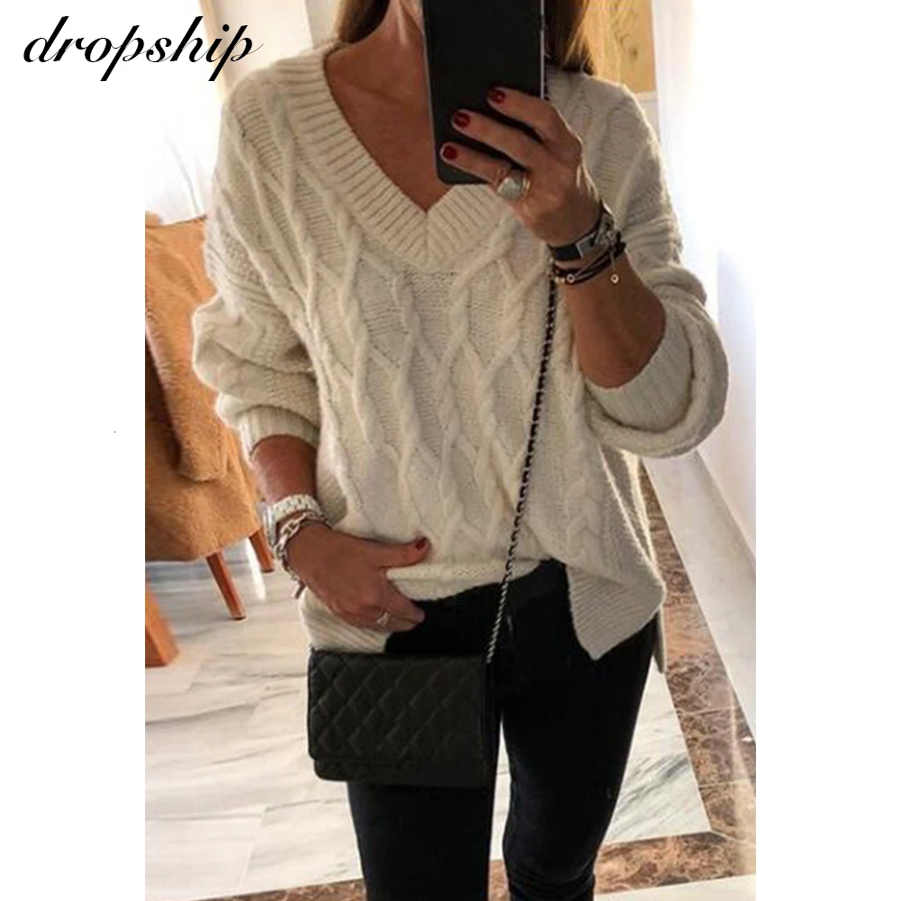

2019 Vintage Women Sweater New Fashion V Neck Pullover Winter Knit Basic Tops Loose Female Knitwear Sweaters Outerwear Jumper