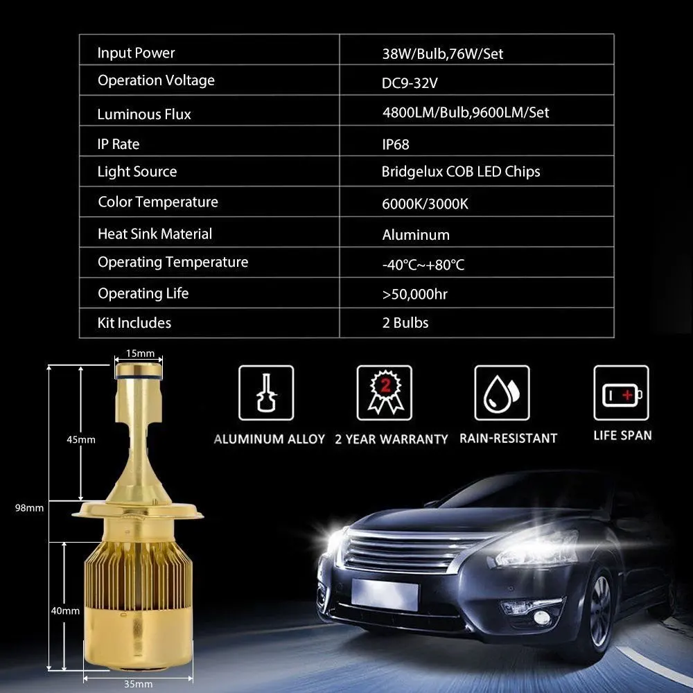 2 шт. Автомобильные светодиодные лампы H7 H4 H1 H3 H11 9005 HB3 9006 HB4 9012 3000K 6000K 4300K 12