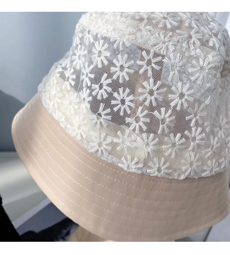 2021 New Spring Summer Lace Flower Embroidery Patchwork Cotton Lady Girls Holiday Beach Bucket Cap Women Casual Panama Hat Cape kate spade bucket hat