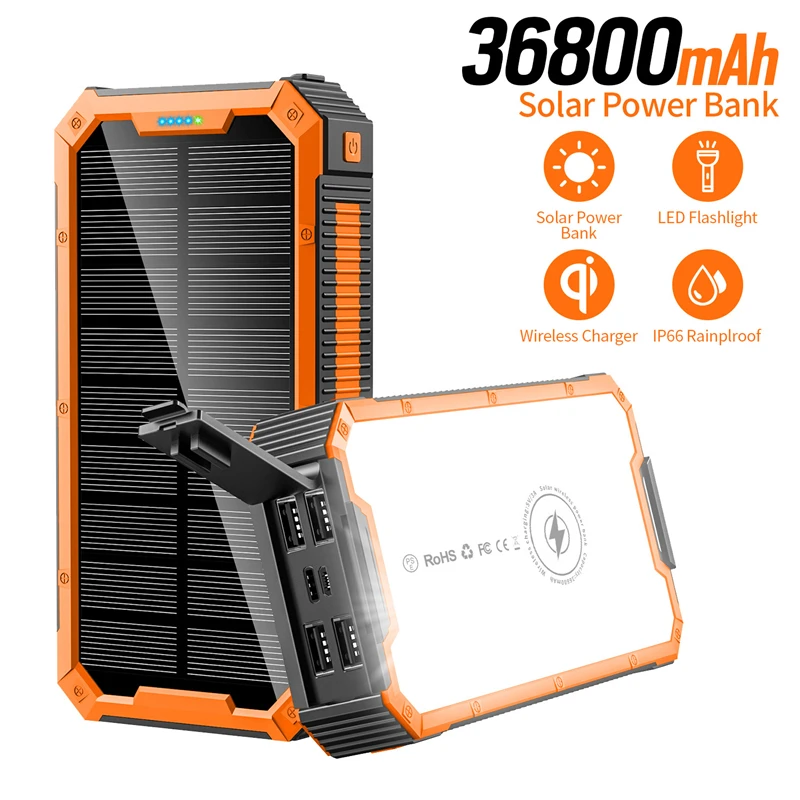 powerbanks 36800mAh Wireless Solar Power Bank 15W Fast Charging Powerbank for iPhone 12 Samsung S21 Xiaomi Poverbank with LED Camping Light best power bank