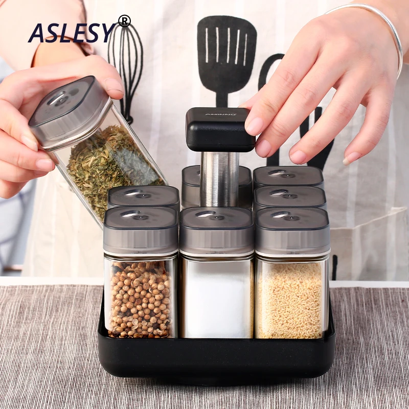 Seasoning Jars Set for Spices Pepper Sprays Bottles Rotating Cruet  Condiment Salt Shakers Holder Kitchen Storage Rack Organizer