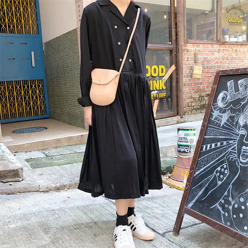 

HziriP 2019 New Women Pleated Elegant Loose Casual Students Solid Simple A-Line Brief Chic Fresh All Match Ladies Shirts Dresses