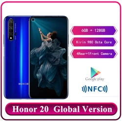 Оригинальный смартфон Huawei Honor 20, 6 ГБ RAM, 128 ГБ ROM, Kirin 980, Восьмиядерный, 6,26 '', 48 МП, задняя камера, Android 9,0, Google Play, телефон