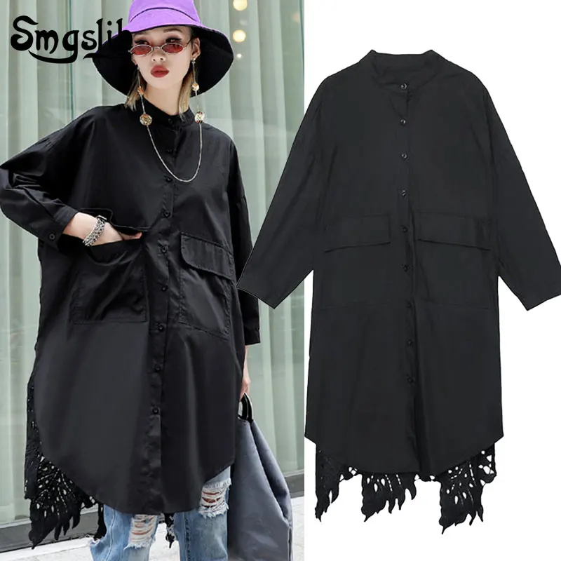 

2019 New Autumn Winter Stand Collar Long Sleeve Back Lace Hollow Out Spliced Big Size Shirt Women Blouse Fashion Tide