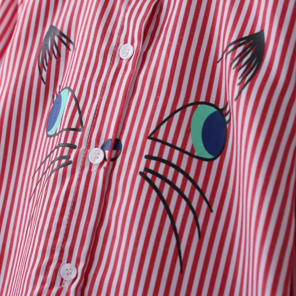 Children Turn-down Collar Embroidery Cartoon Cat Pattern Long Sleeve Shirts Blouse Outfits New