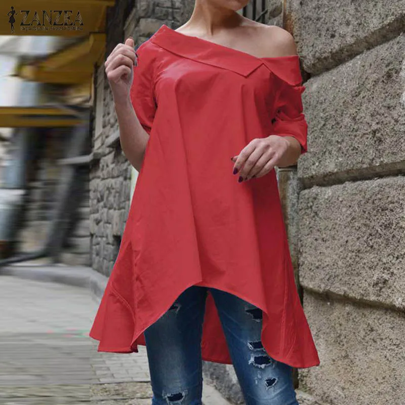 Женские топы с открытыми плечами элегантная необычная блузка ZANZEA Летняя Повседневная однотонная Туника женская блуза 3/4 рукав рубашка плюс размер - Цвет: Красный