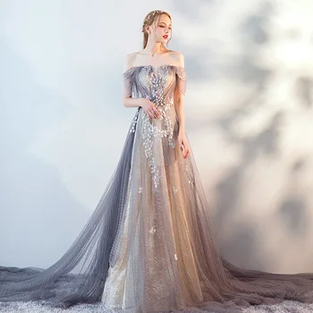 

Prom Dresses 2020 Off the Shoulder Tulle Lace Flowers Party Long Prom Gown Evening Dresses Robe De Soiree