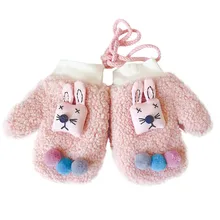 Рождественские детские зимние перчатки, теплые Плюшевые Вязаные рукавицы с рисунком кролика для мальчиков и девочек, зимние уличные перчатки с подвеской на шее# Y5