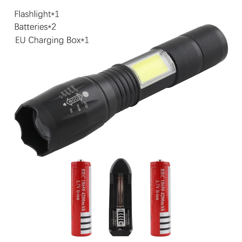 

LED powerful Flashlight T6 COB bulbs with 18650 charging battery Flash light torch Zoom lighting camping 1200LM Waterproof light