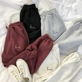 

Comfortable warm winter plus velvet elastic waist drawstring embroidered casual pants