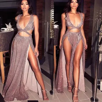 

BacklakeGirls Sexy V Neck Sequined Long Prom Dress High Split Floor Length Night Club Dress Party Gowns Vestido De Festa Longo