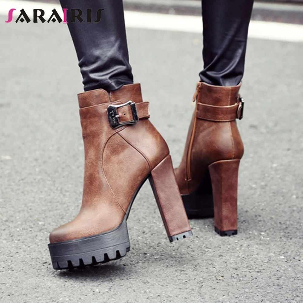 

SARAIRIS Women Ankle Boots High Top Chunky High Heels Round Toe PlatformS Buckle Belt Strap Zipper Closure Autumn Winter Shoes