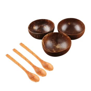 

3 Sets Natural Log Coconut Shell Bowl Handmade Crafts Coconut Shell Tableware Dessert Salad Bowl Set