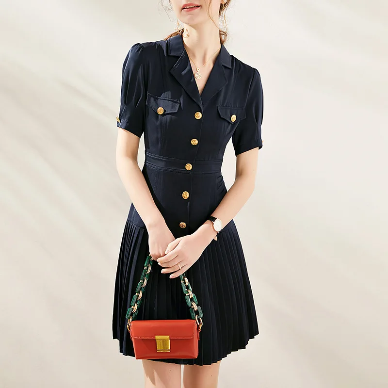 

The new summer of 2021 stylish and elegant temperament lapel splicing pleated mid-length suit dress