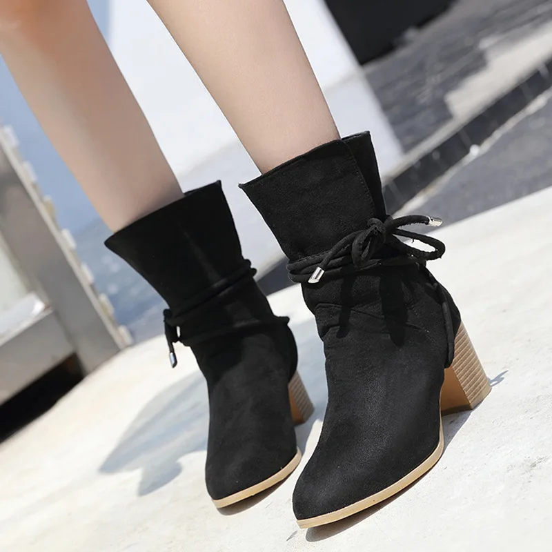 

2019 Fashion Spring Autumn Boots Women Black Ankle Boots Chunky High Heels Pointed Toe Women Shoes