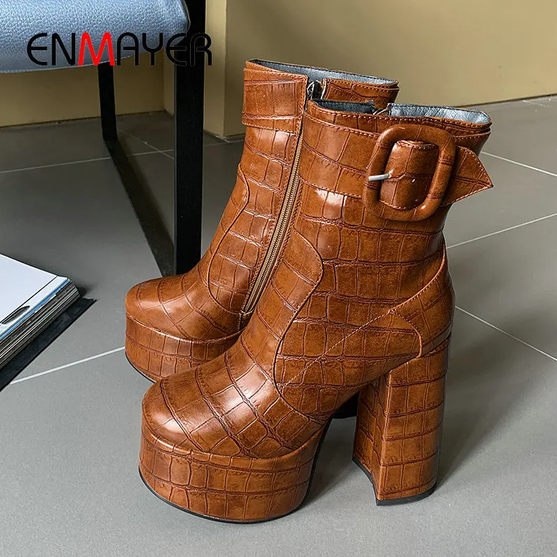 

ENMAYER 2019 PU Round Toe Elegant Platform Boots Square Heels Winter Boots Women Short Plush Ankle Boots for Women Size 34-43