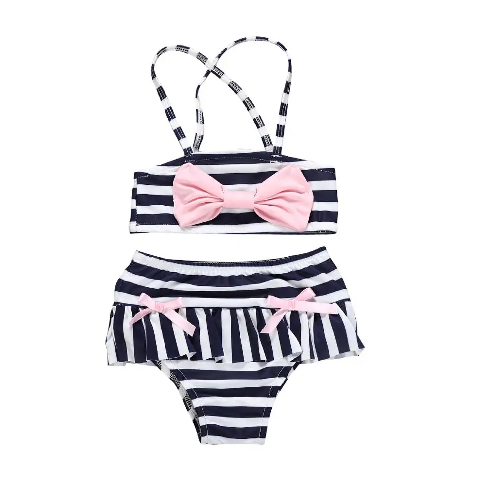 

Children Swimwear Stripe Print Straps Bow Design Tops Briefs Bottoms Kid Girls Swimsuit