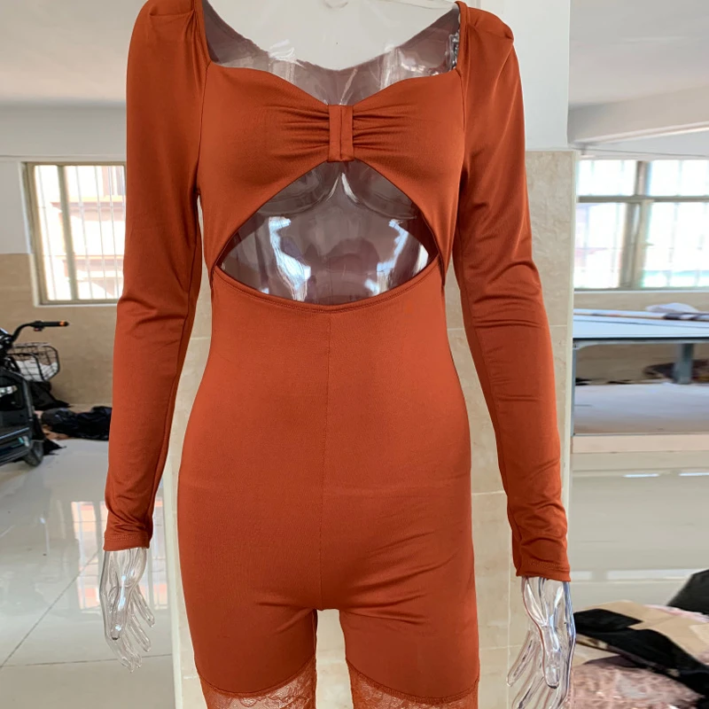 Sexy Women Long Sleeve Lace Hem Jumpsuit New Bodysuit One-piece Cut Off Short Rompers Skinny Playsuit