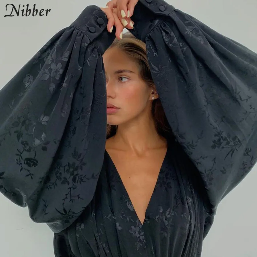 NIBBER, модное, черное, шифоновое, с принтом, элегантное, свободное, мини платье, для женщин, фонарь, длинный рукав, плиссированное платье, mujer, вечерние, ночные платья