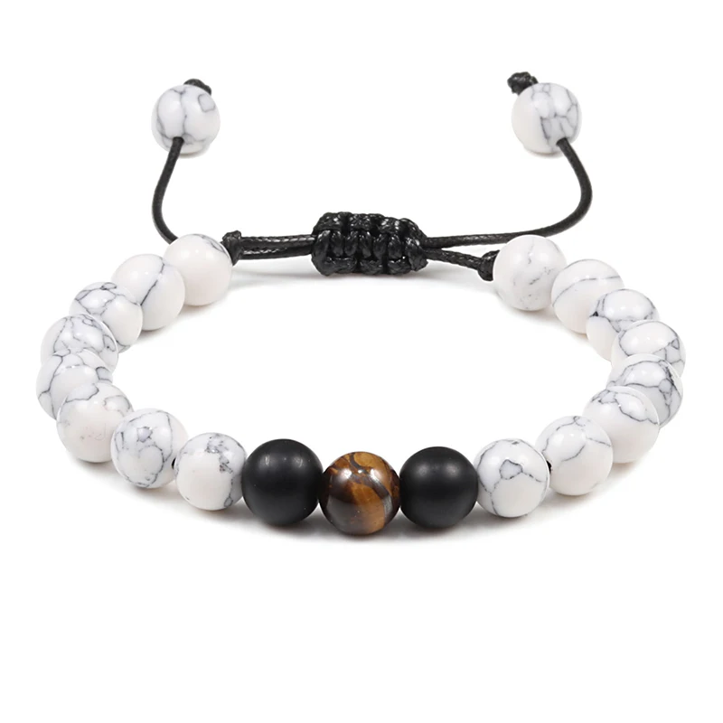Natural Stone Tiger Eye Bracelets for Men Women White Beads Adjustable Braid Couple Distance Bracelet Bangle Charm Yoga Jewelry