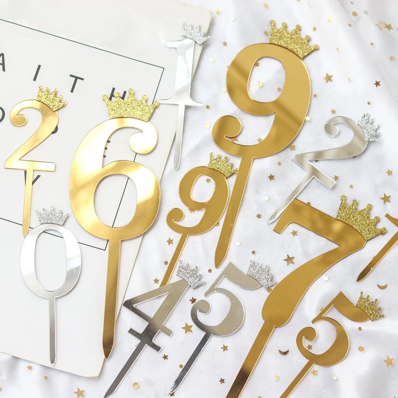 5pcs Gold Silver Acrylic Number 0-9 Diamond Crown Collection Cake Toppers for Birthday Party Dessert Cake Decor Topper Supplies