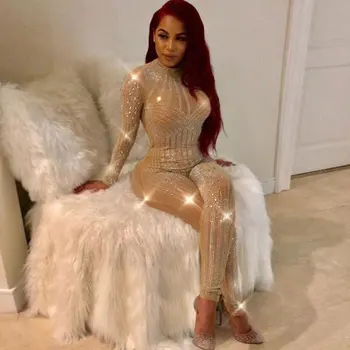 

Women Sequin Jumpsuit Rhinestone Jumpsuits O-Neck Long Sleeve Sexy Skinny Bodysuits Clubwear Party One Piece Romper White Black
