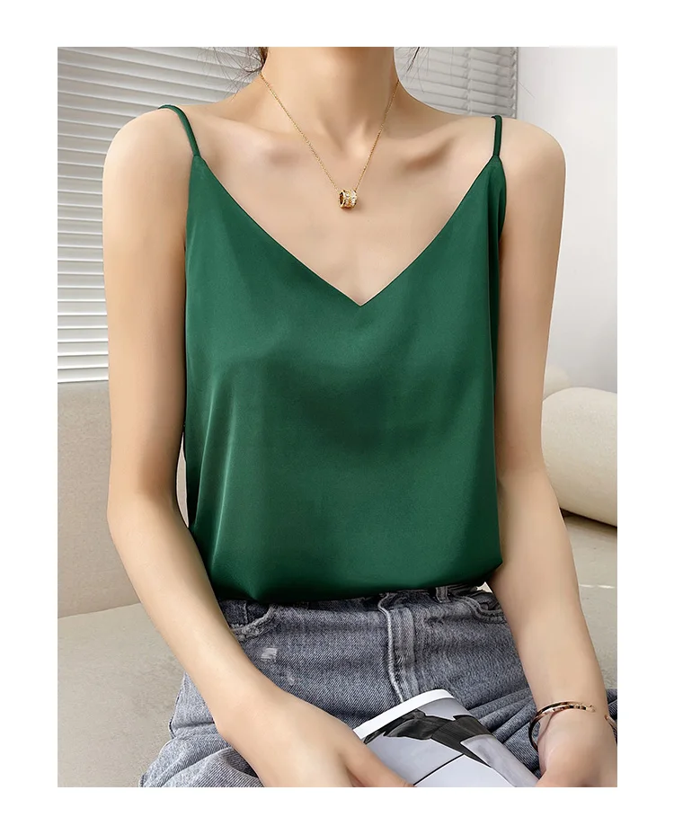 Summer Shiny V Neck Women Satin Silk Harajuku T Shirt Sleeveless Fashion Real Silk Woman Tee Top Casual Female Luxury Sexy red cami