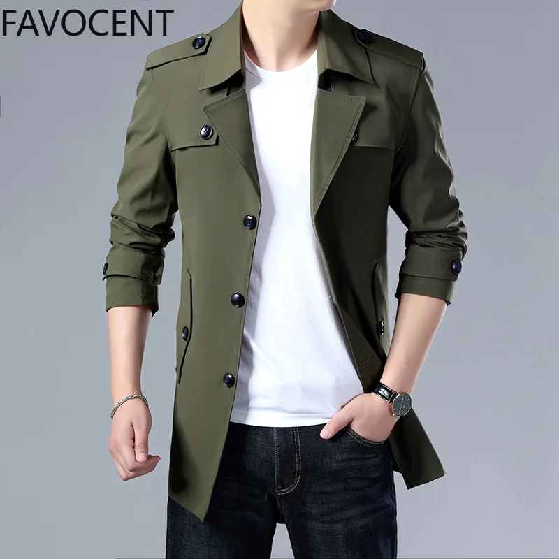 50% OFF Mens Trench Long Coat Fashion Male Solid Color Casual Mens Trench Coat Jacket Spring Autumn Overcoat Military Turn-down Collar