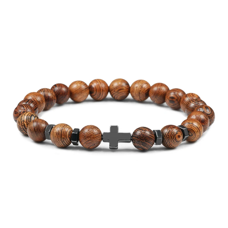 Wood Beads Горячие мужчины крест черный Лава Браслеты Натуральный камень тигровый глаз оникс для медитации и молитвы деревянный бусина, жесткий браслет для женщин Йога ювелирные изделия - Окраска металла: Wood Beads
